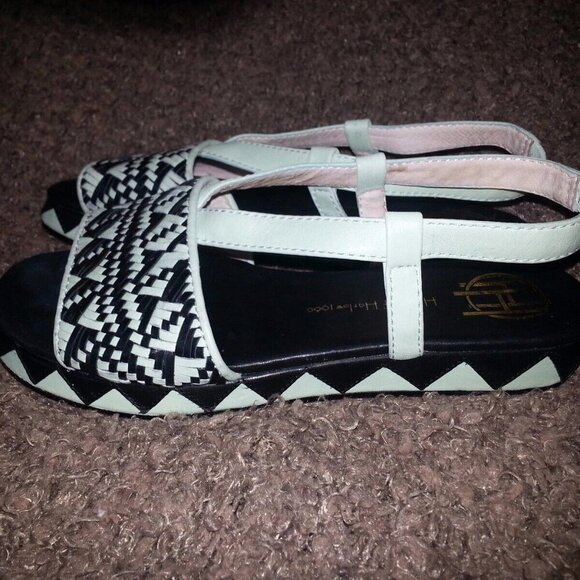 HOUSE OF HARLOW 1960-Braided Pattern Leather Wedge-Pale Green/Black-Sz 36-EUC - Picture 2 of 7